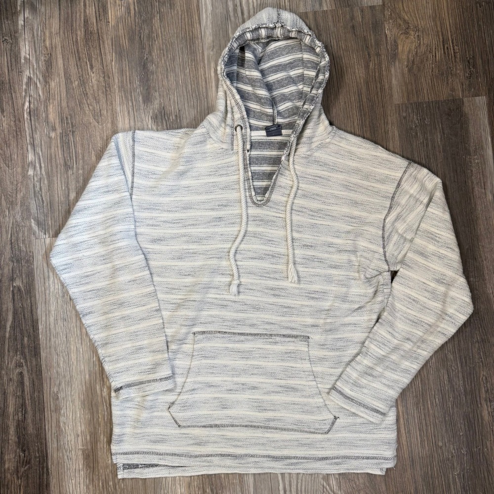 J America Striped Beachy Baja Boho Slub Knit Pullover Hoodie V-Neck Gray White L